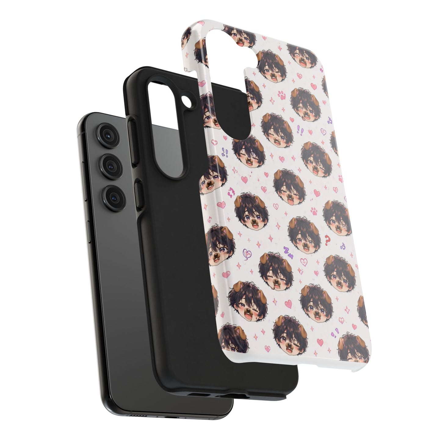 Cute Anime Boy Pattern Tough Phone Case — Kawaii Heart & Question Mark Design