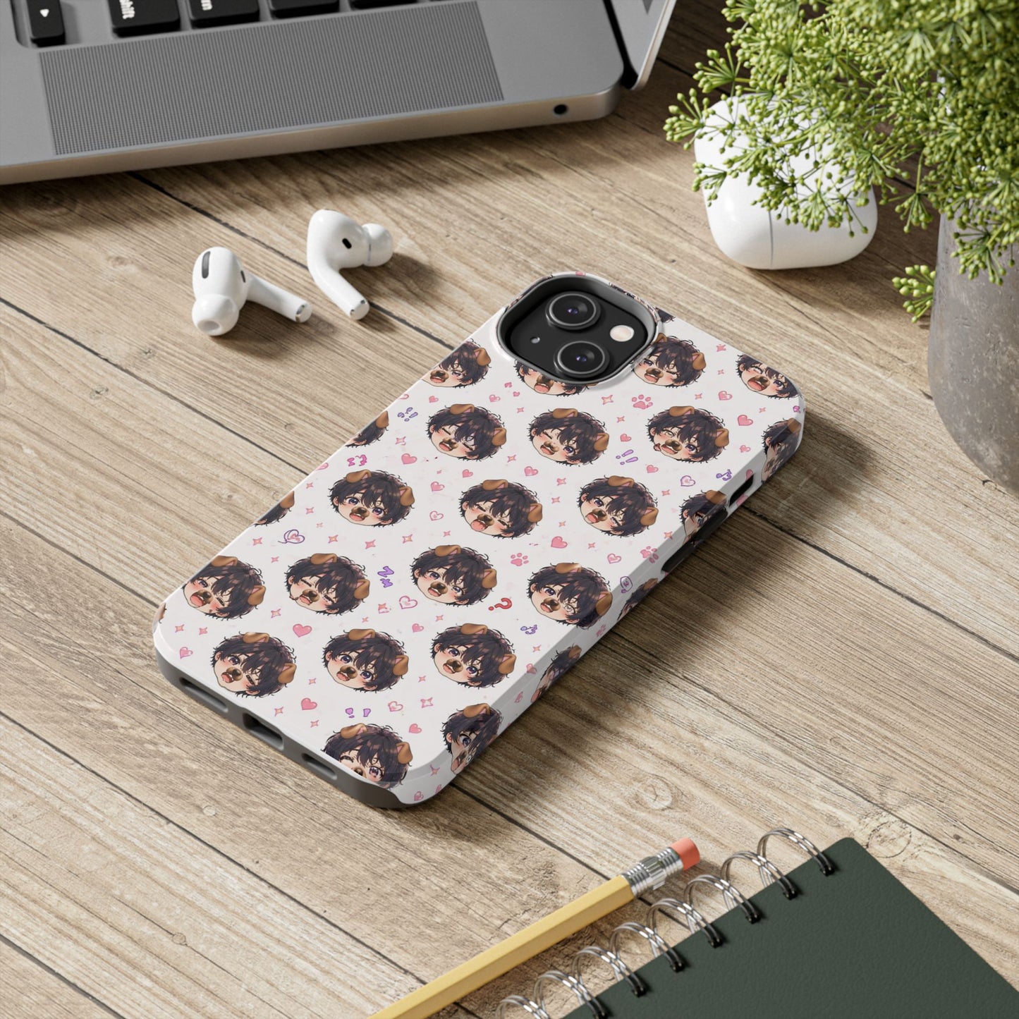 Cute Anime Boy Pattern Tough Phone Case — Kawaii Heart & Question Mark Design