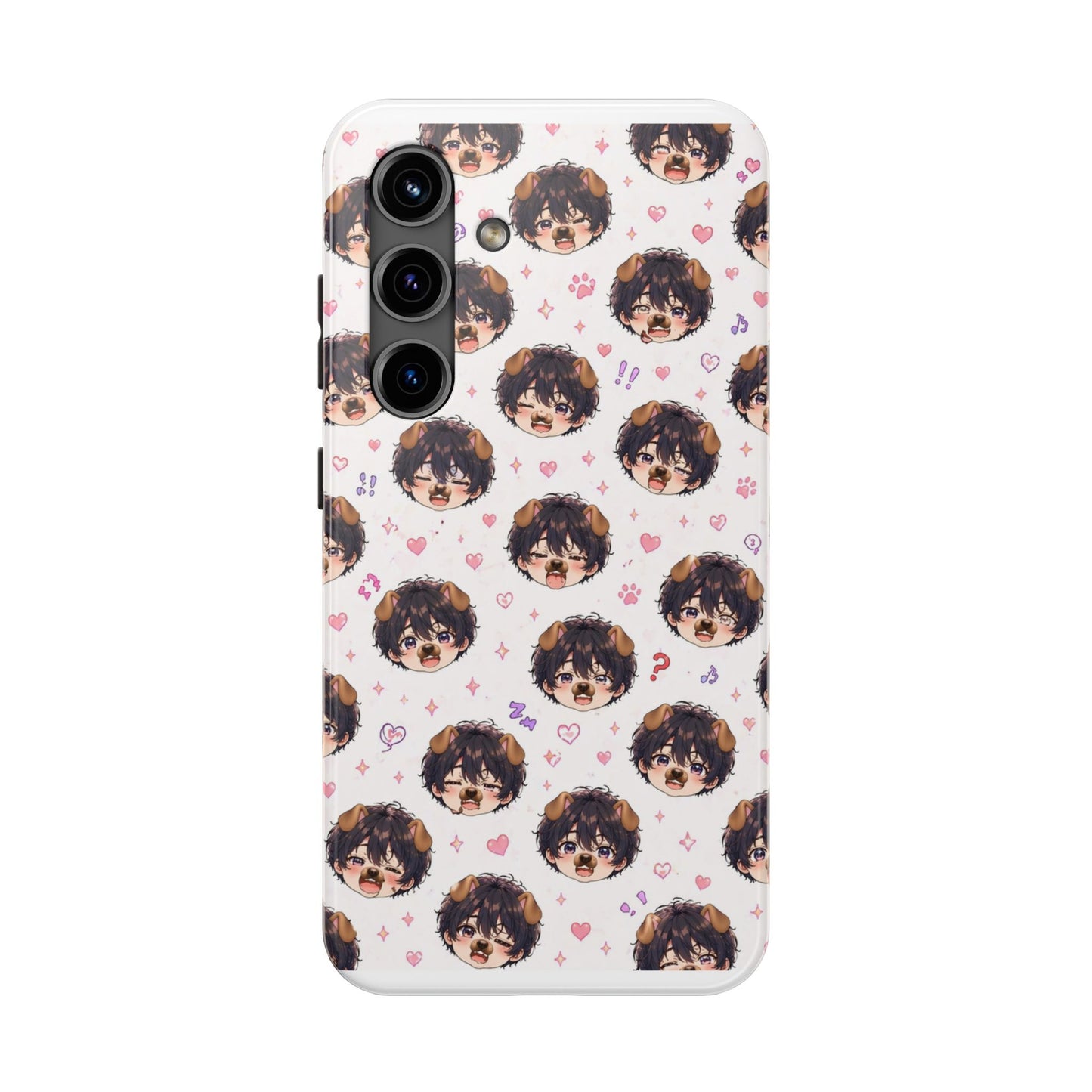 Cute Anime Boy Pattern Tough Phone Case — Kawaii Heart & Question Mark Design