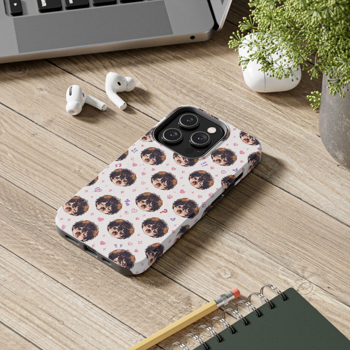 Cute Anime Boy Pattern Tough Phone Case — Kawaii Heart & Question Mark Design