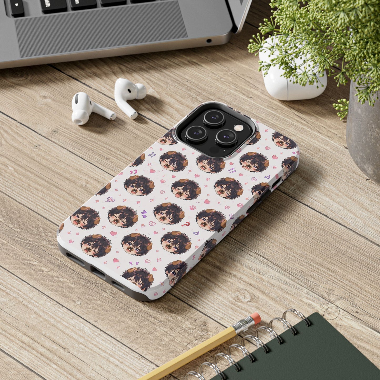 Cute Anime Boy Pattern Tough Phone Case — Kawaii Heart & Question Mark Design
