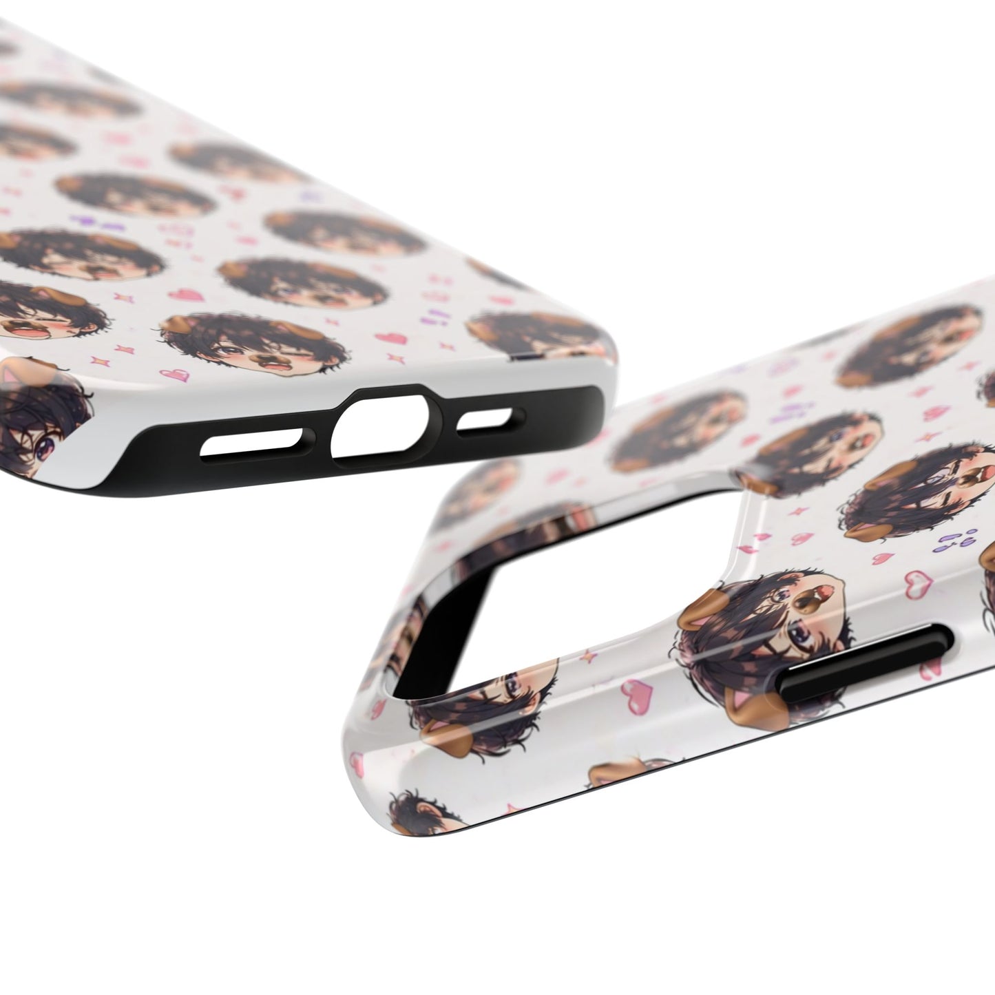 Cute Anime Boy Pattern Tough Phone Case — Kawaii Heart & Question Mark Design