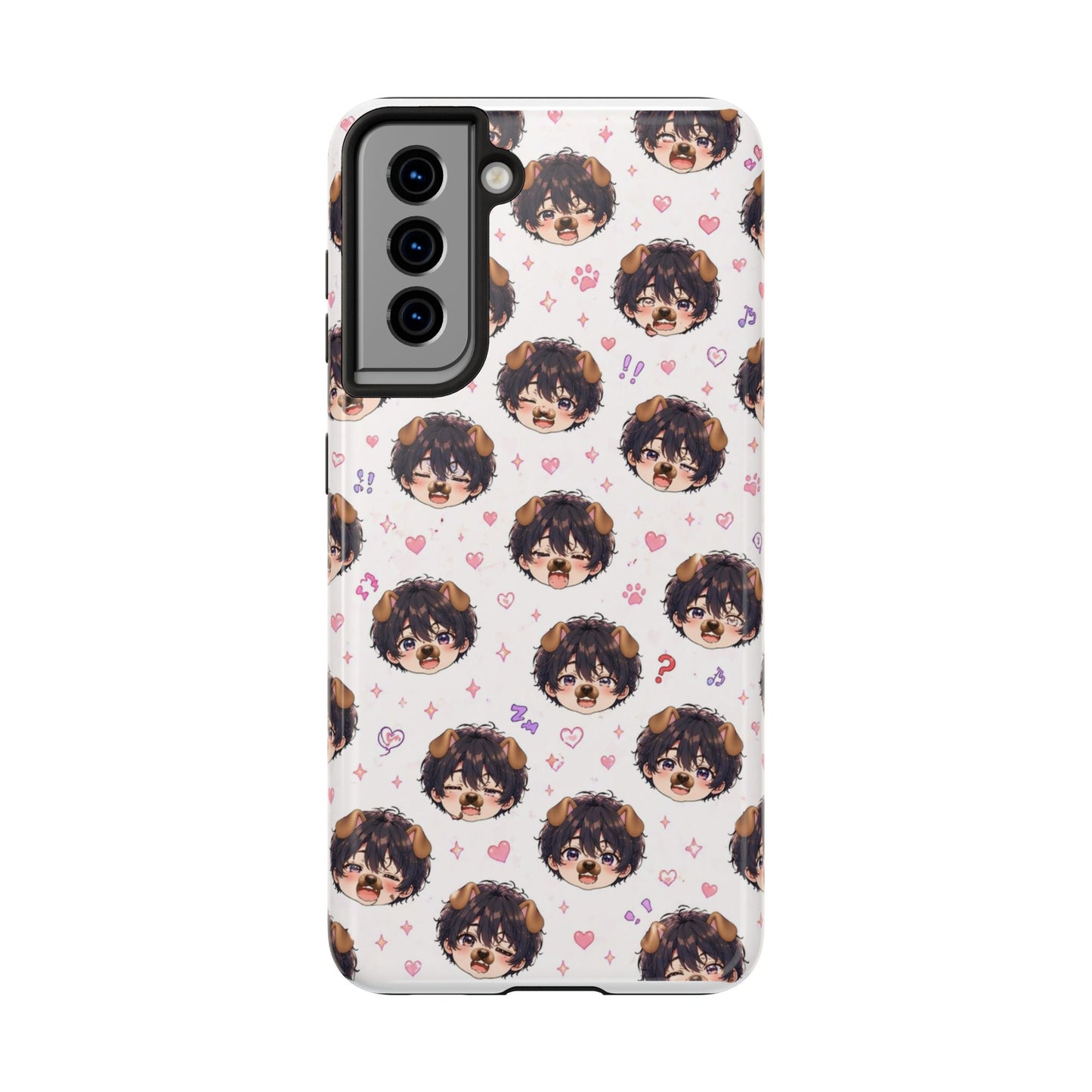 Cute Anime Boy Pattern Tough Phone Case — Kawaii Heart & Question Mark Design