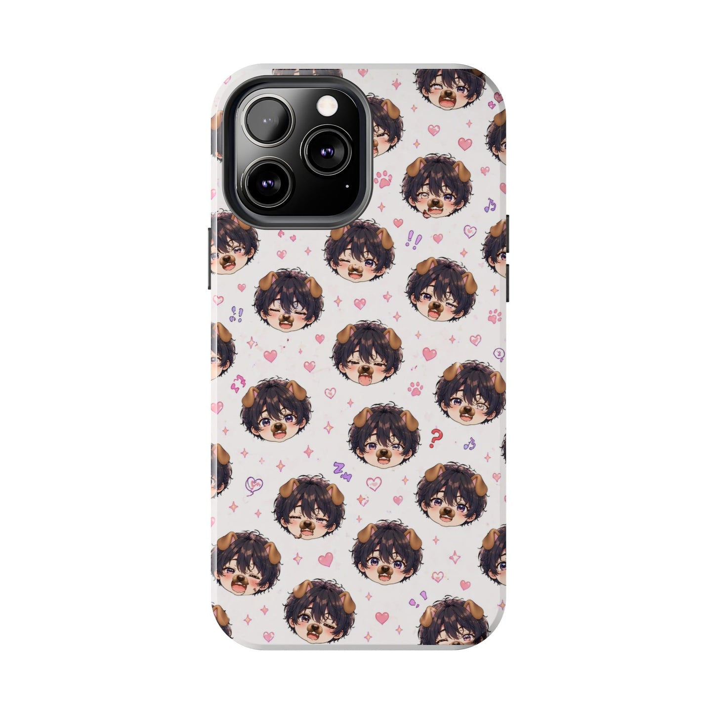Cute Anime Boy Pattern Tough Phone Case — Kawaii Heart & Question Mark Design
