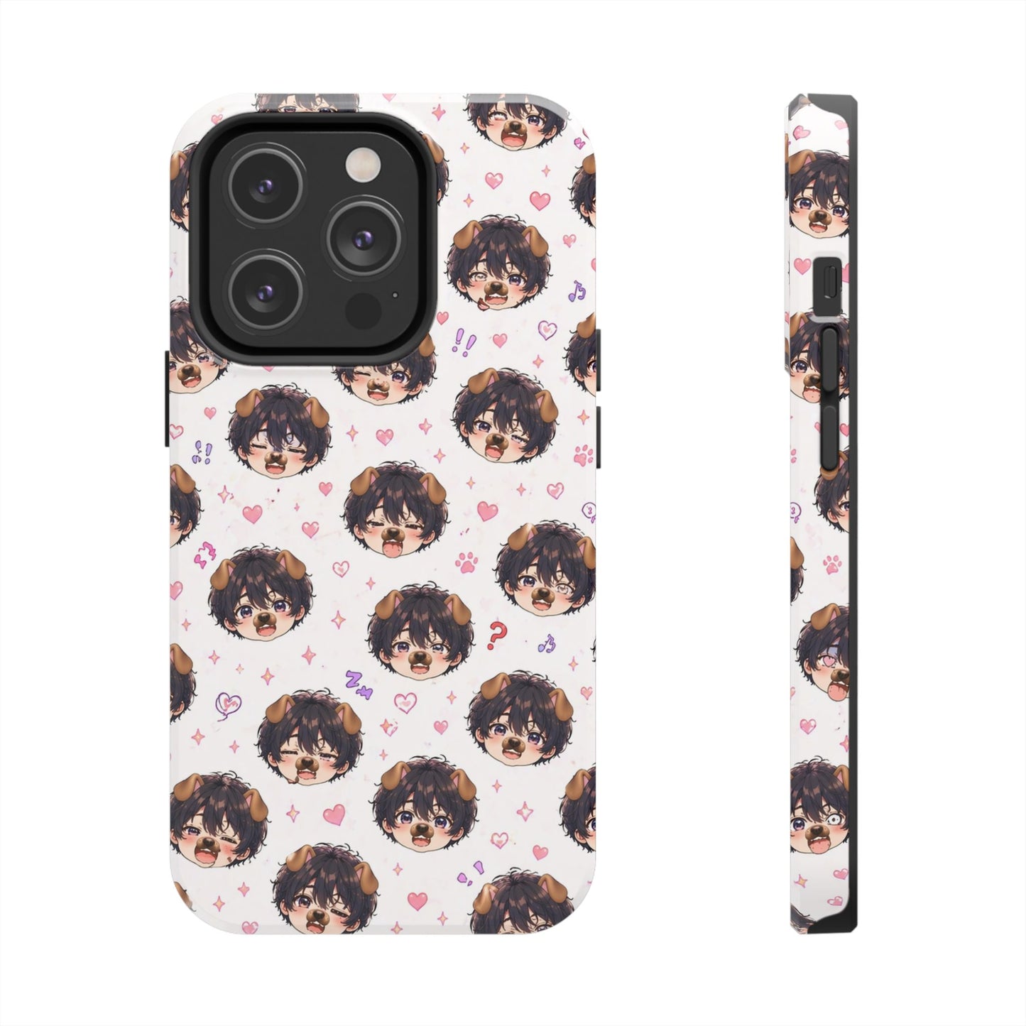 Cute Anime Boy Pattern Tough Phone Case — Kawaii Heart & Question Mark Design