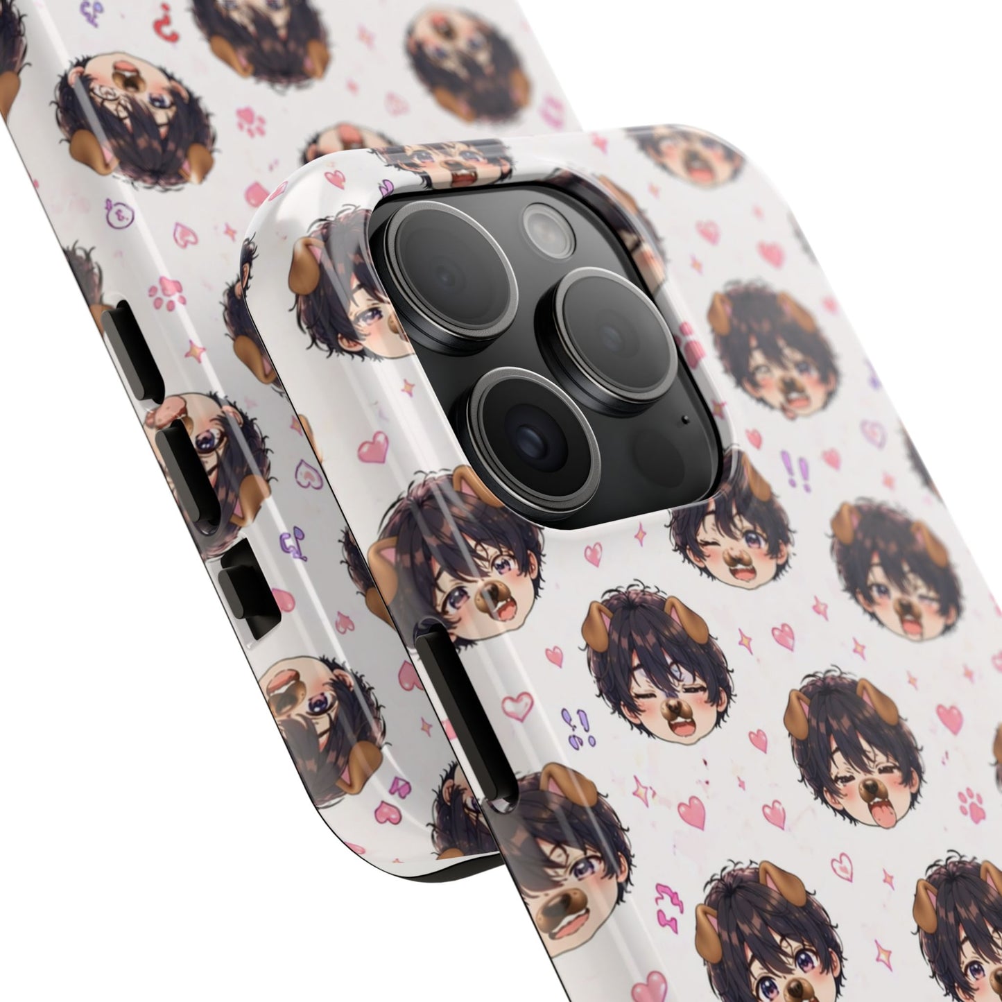 Cute Anime Boy Pattern Tough Phone Case — Kawaii Heart & Question Mark Design