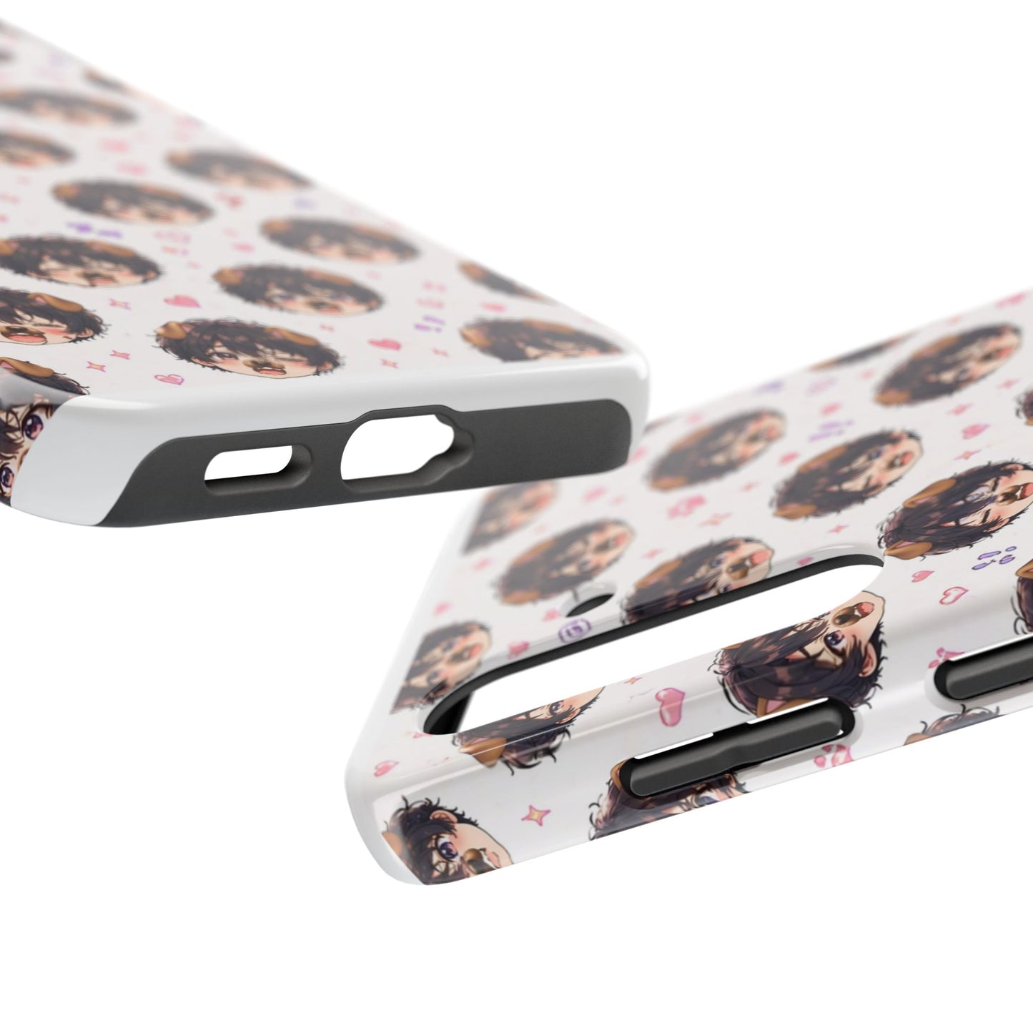 Cute Anime Boy Pattern Tough Phone Case — Kawaii Heart & Question Mark Design