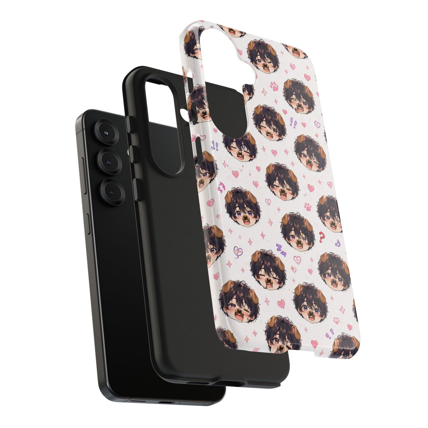Cute Anime Boy Pattern Tough Phone Case — Kawaii Heart & Question Mark Design