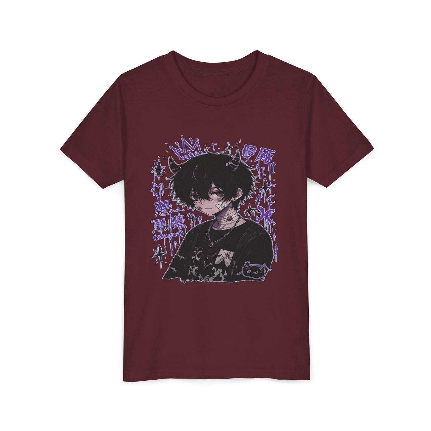 Youth Graphic Tee — Edgy Anime Boy Design with Purple Crown & Japanese Text