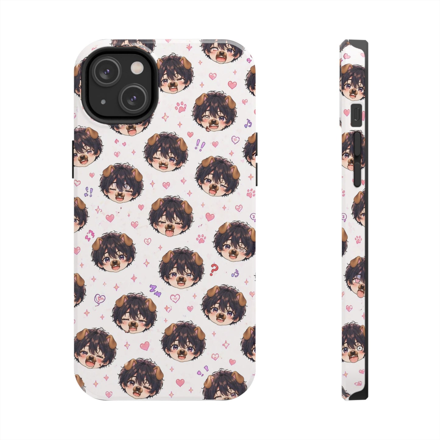 Cute Anime Boy Pattern Tough Phone Case — Kawaii Heart & Question Mark Design
