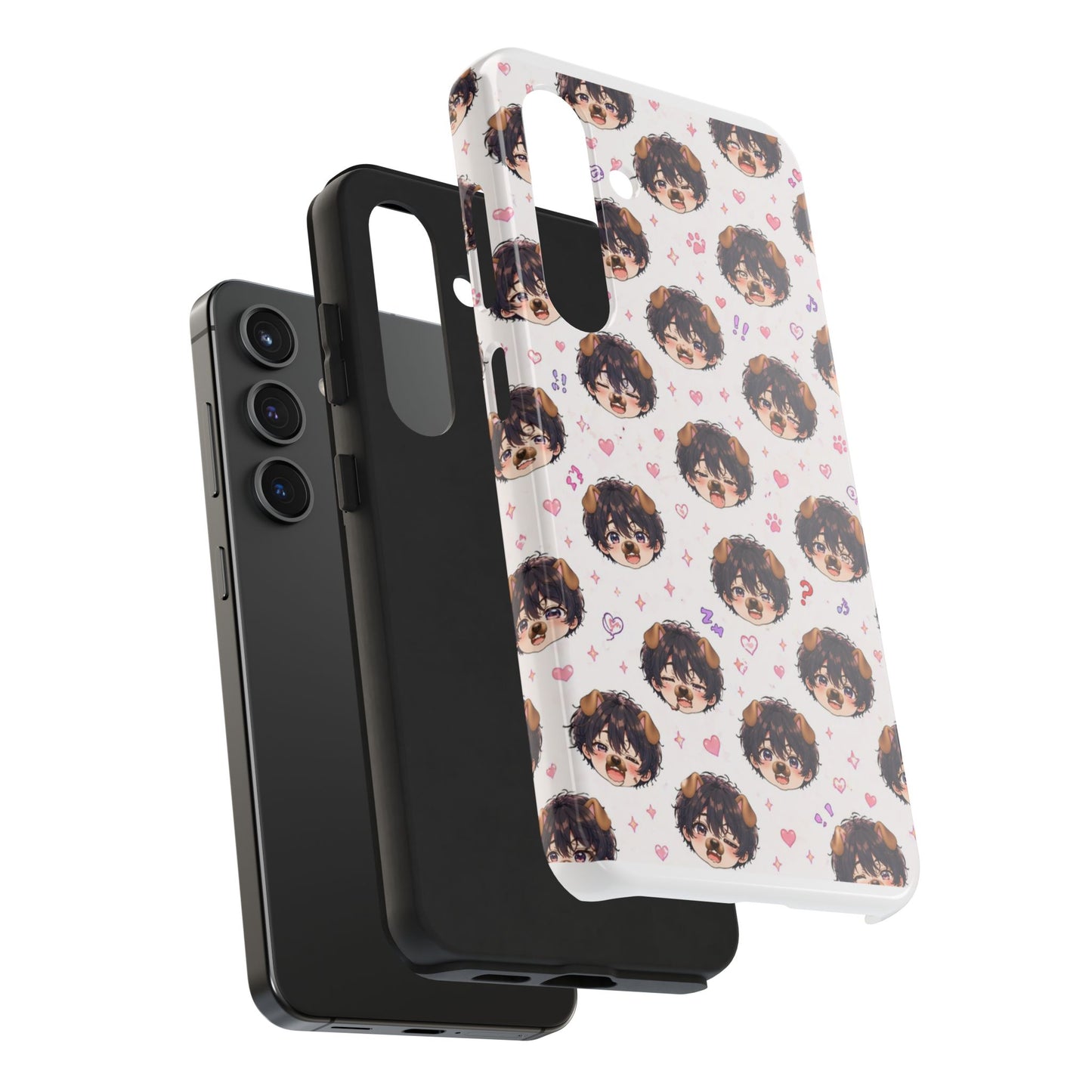 Cute Anime Boy Pattern Tough Phone Case — Kawaii Heart & Question Mark Design