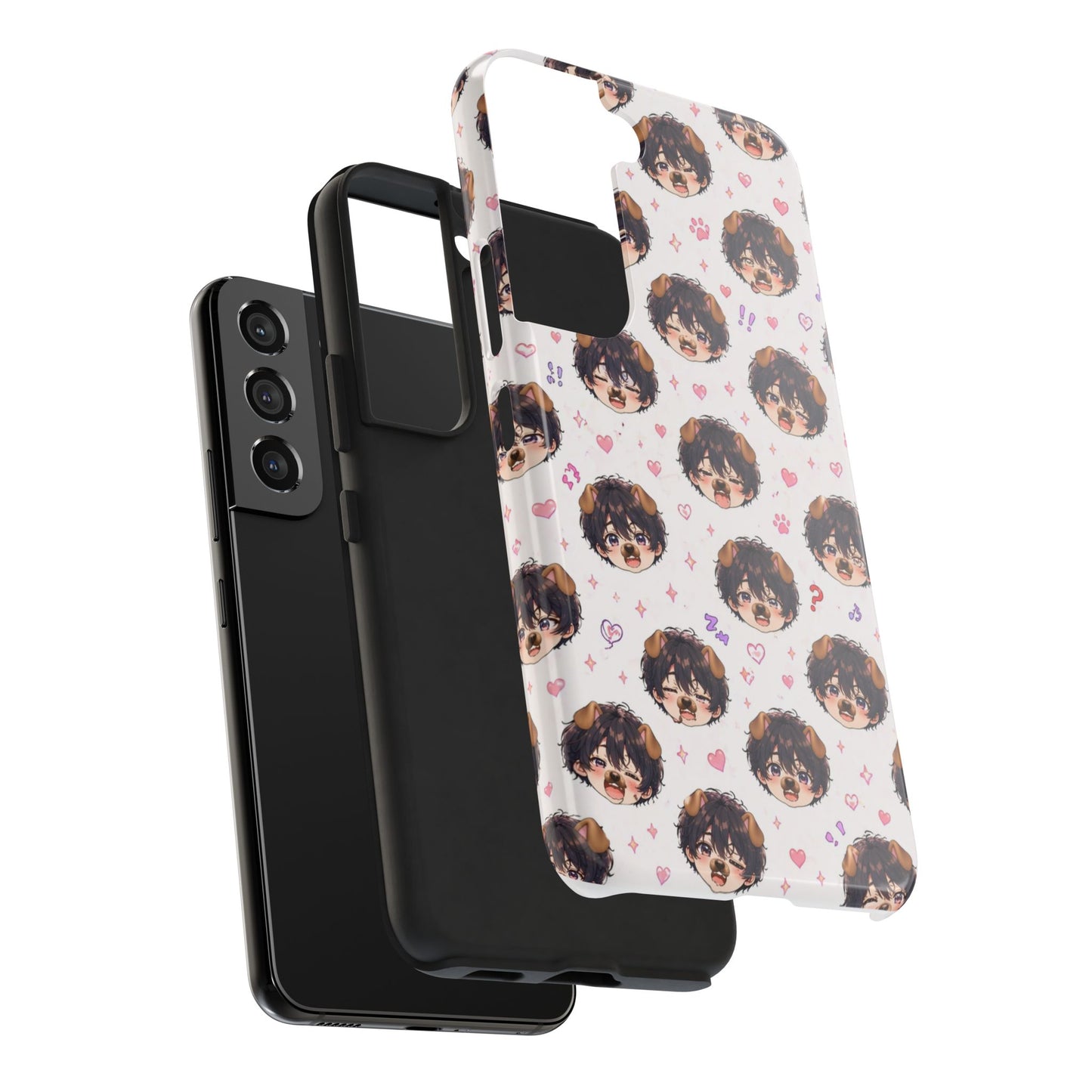 Cute Anime Boy Pattern Tough Phone Case — Kawaii Heart & Question Mark Design