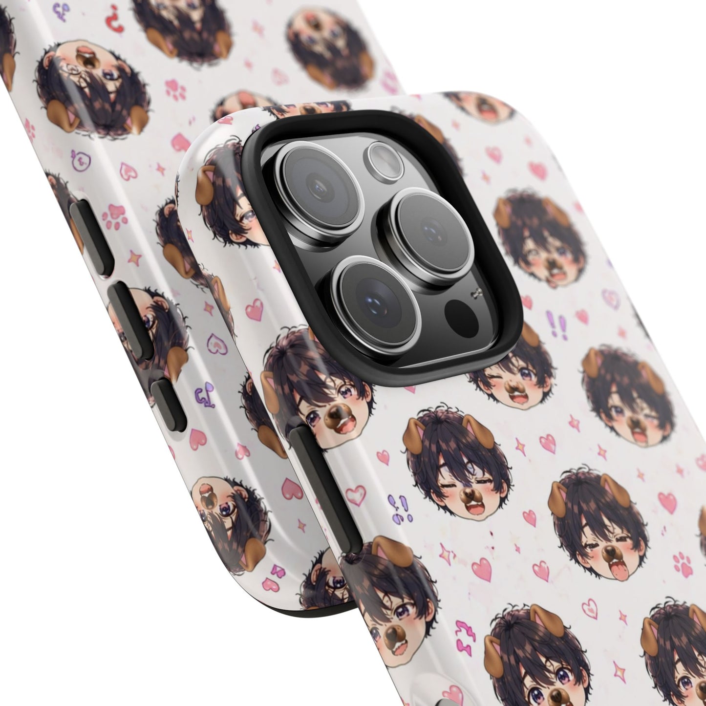 Cute Anime Boy Pattern Tough Phone Case — Kawaii Heart & Question Mark Design