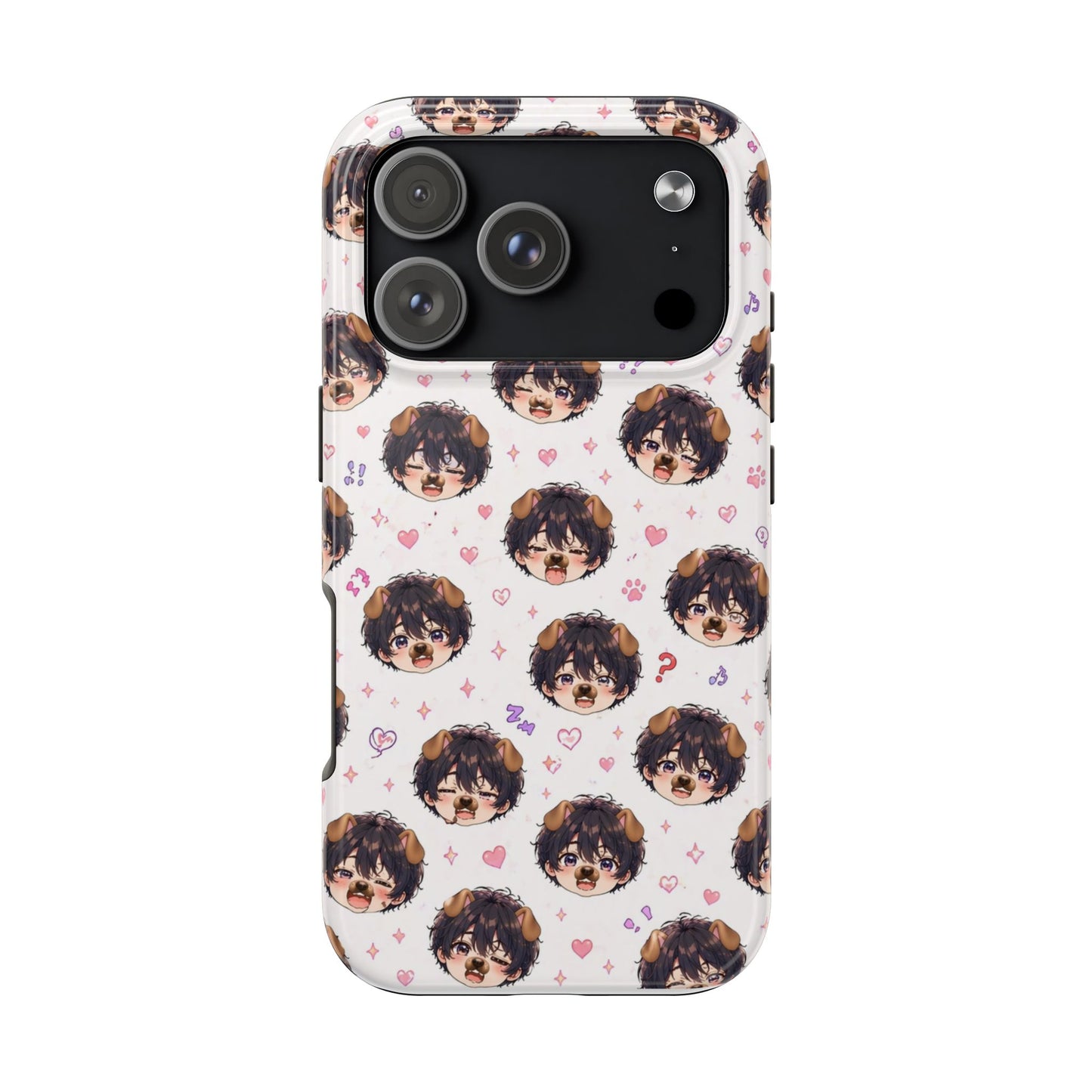 Cute Anime Boy Pattern Tough Phone Case — Kawaii Heart & Question Mark Design