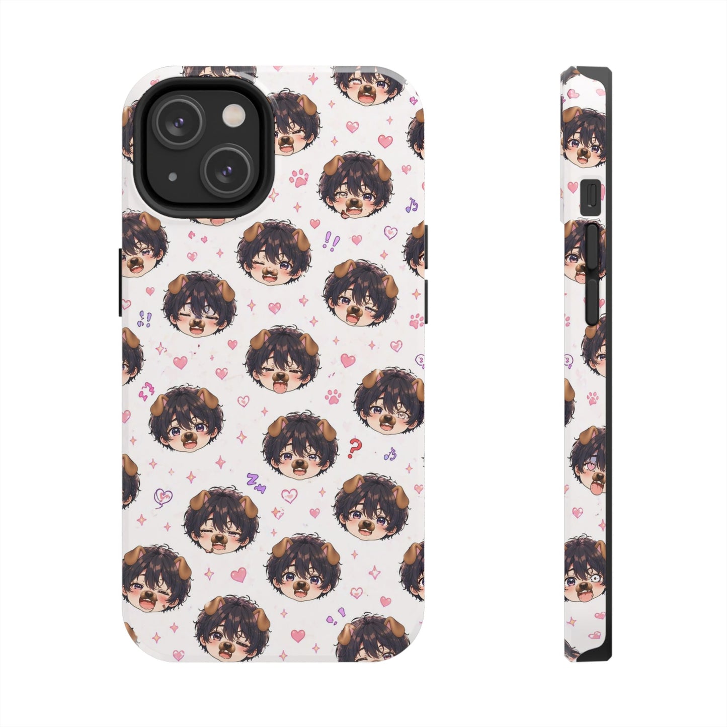 Cute Anime Boy Pattern Tough Phone Case — Kawaii Heart & Question Mark Design