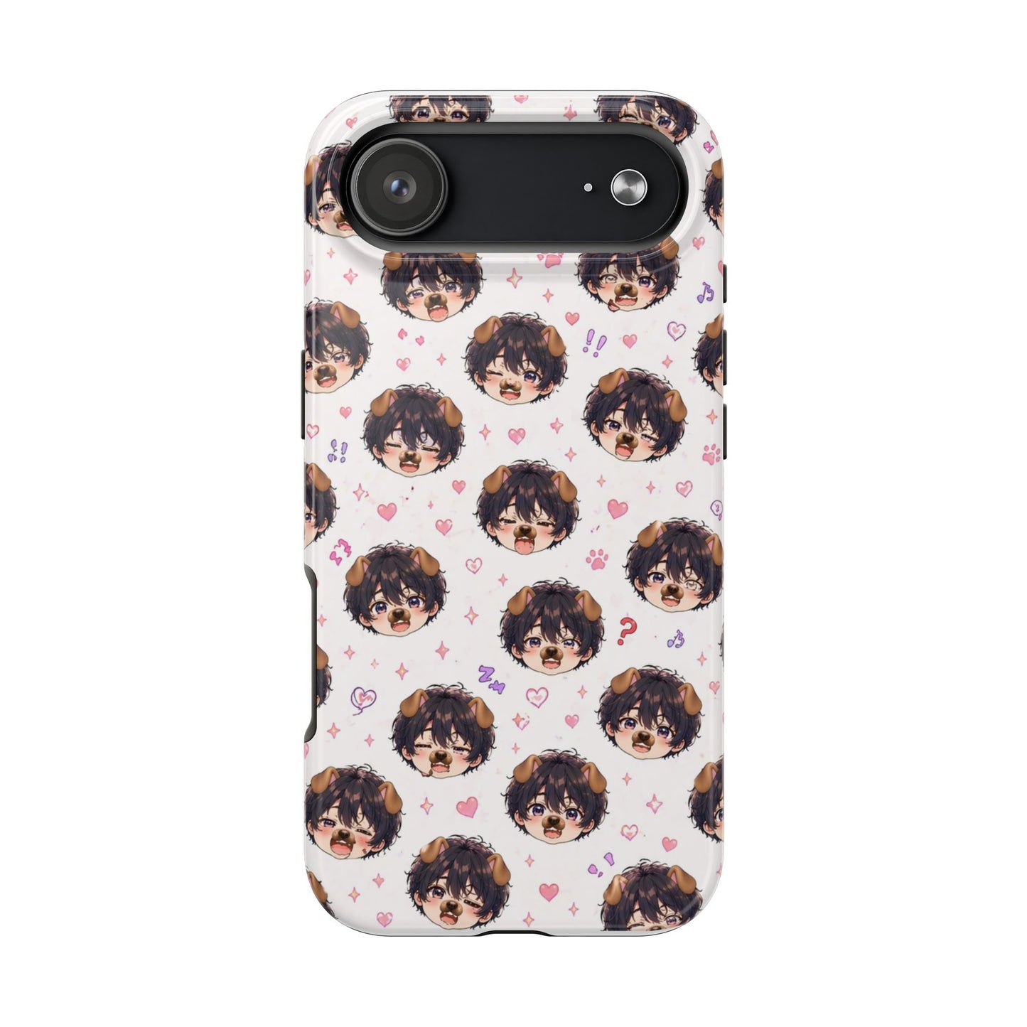 Cute Anime Boy Pattern Tough Phone Case — Kawaii Heart & Question Mark Design