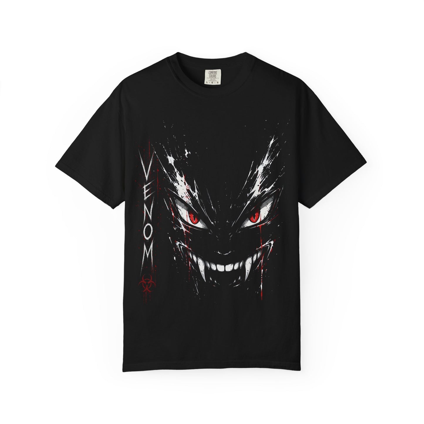 Dark oversized streetwear t-shirt featuring a sinister VENOM graphic with glowing red eyes, sharp teeth, and grunge anime-inspired artwork on a black heavyweight tee.