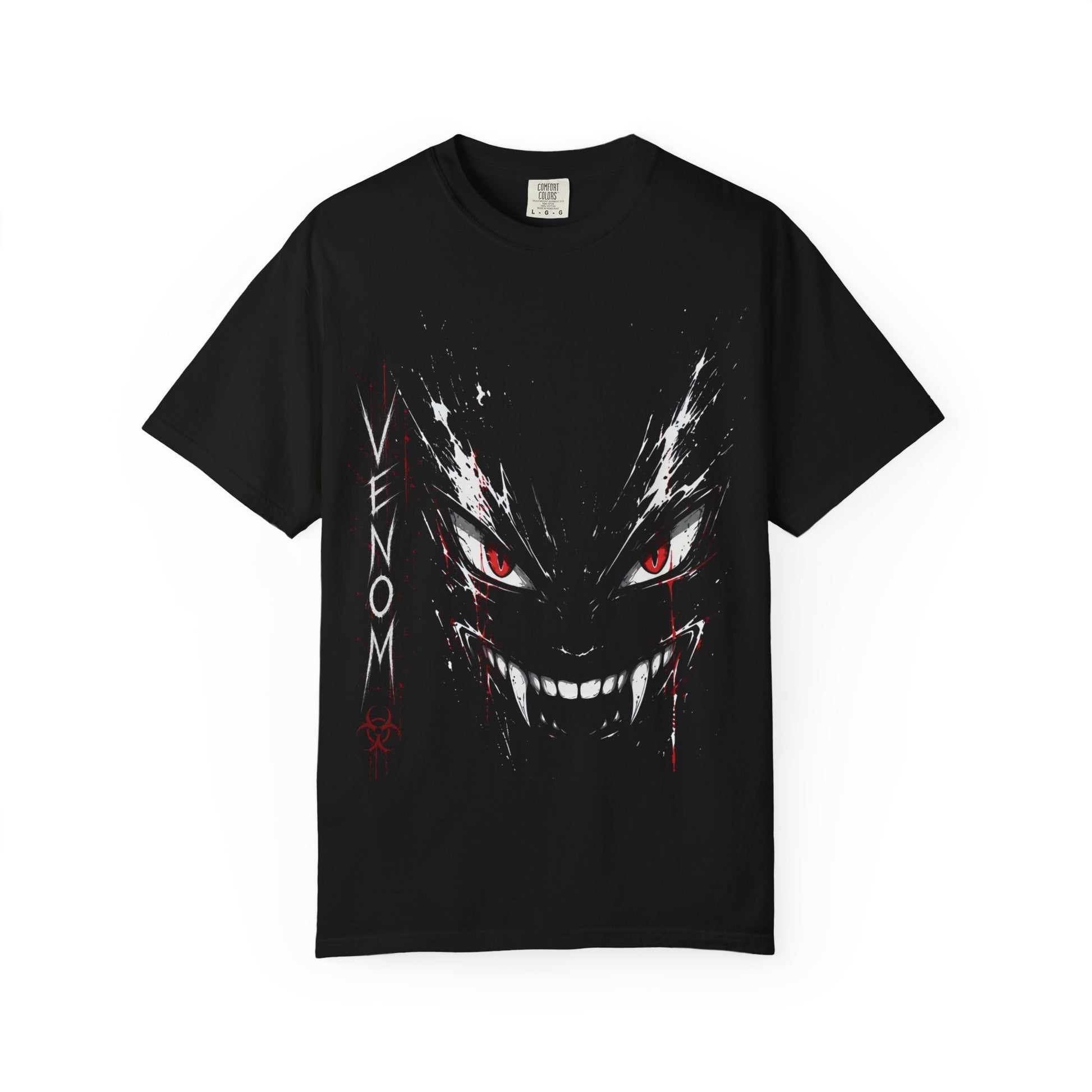 Dark oversized streetwear t-shirt featuring a sinister VENOM graphic with glowing red eyes, sharp teeth, and grunge anime-inspired artwork on a black heavyweight tee.