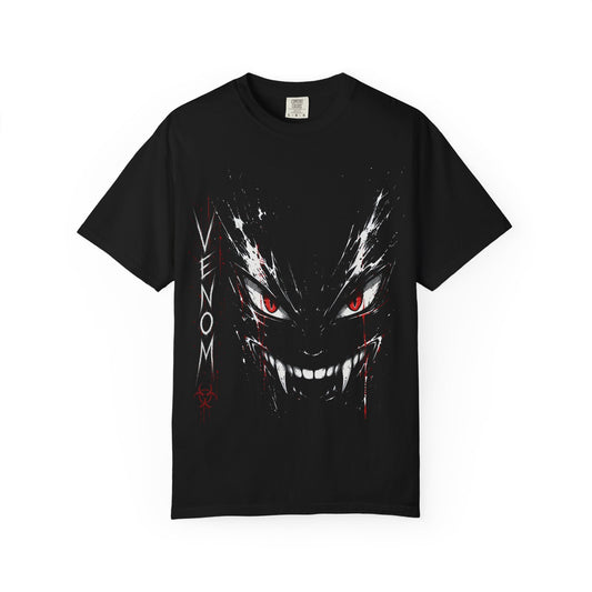 Dark oversized streetwear t-shirt featuring a sinister VENOM graphic with glowing red eyes, sharp teeth, and grunge anime-inspired artwork on a black heavyweight tee.